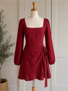 Princess Polly Elegant Square-Neck Wrap Dress in Deep Red